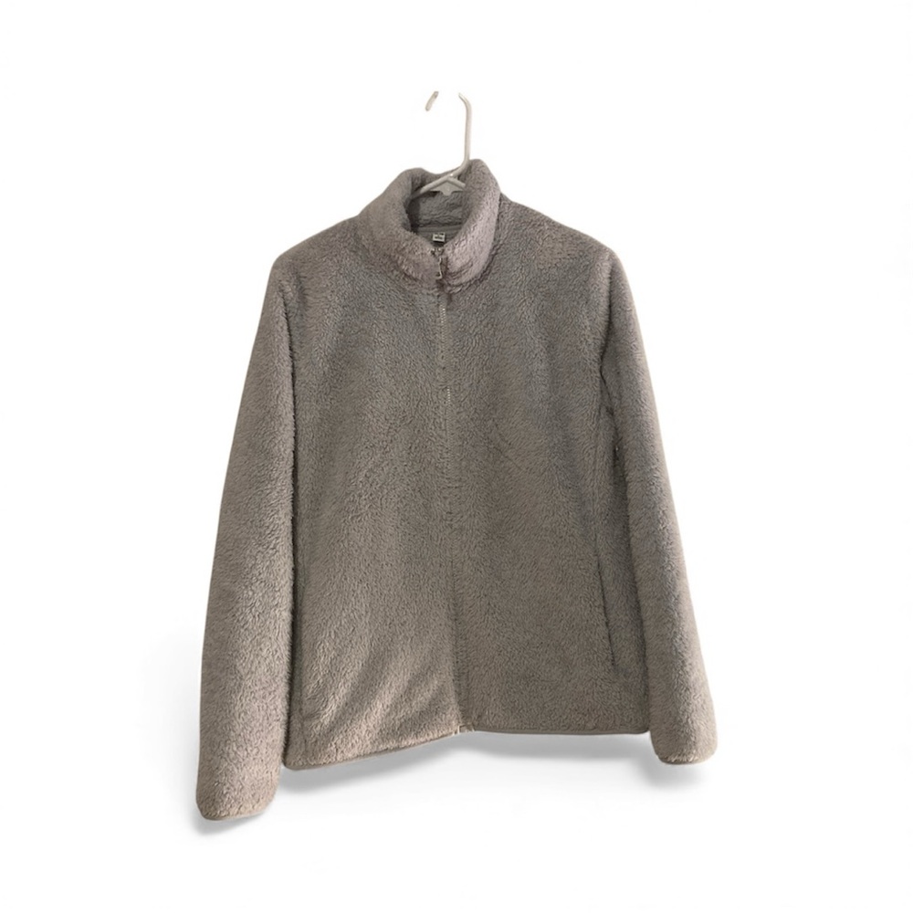 Uniqlo Light Gray Plush Fleece Zip Jacket Women’s Large Soft Cozy Outerwear